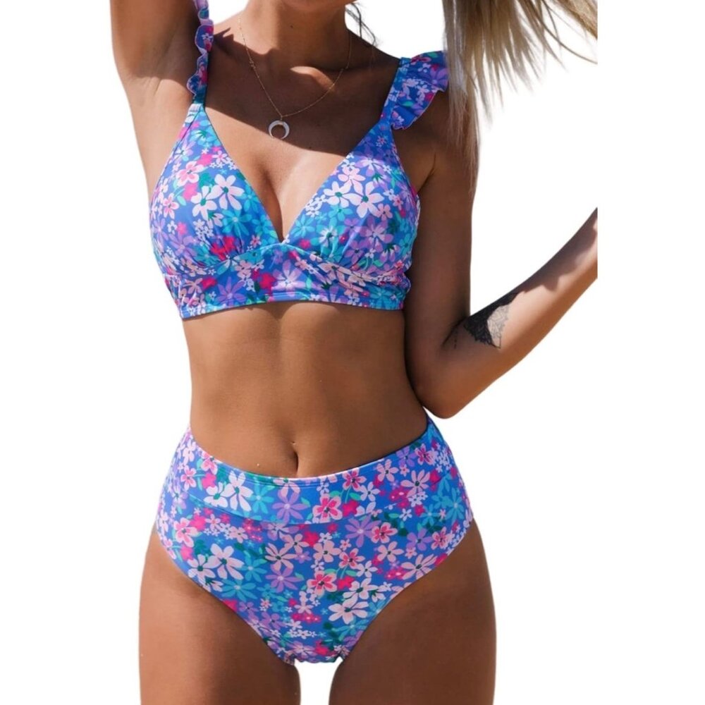 Floral V Neck Ruffle High Waist Bikini Set Cupshe Blue Size Large Beach Pool New